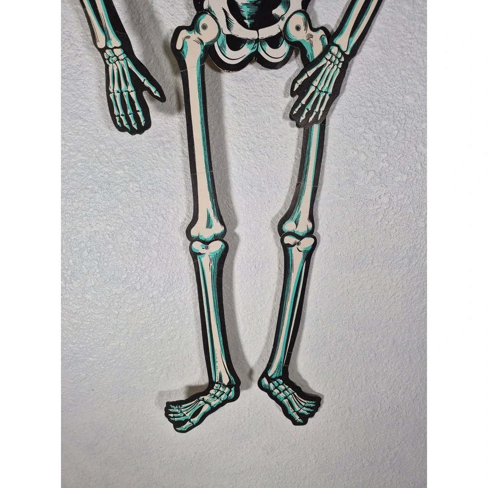 Vtg Beistle Jointed Cardboard Skeleton Halloween Decoration Teal Cream 36 Inch
